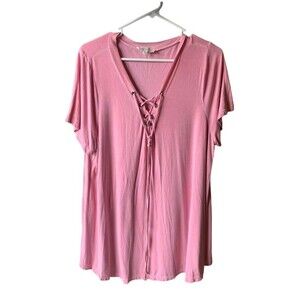 Umgee Lace Up V-Neck Washed Out Top Size 2XL Short Sleeve Womens Blouse Shirt